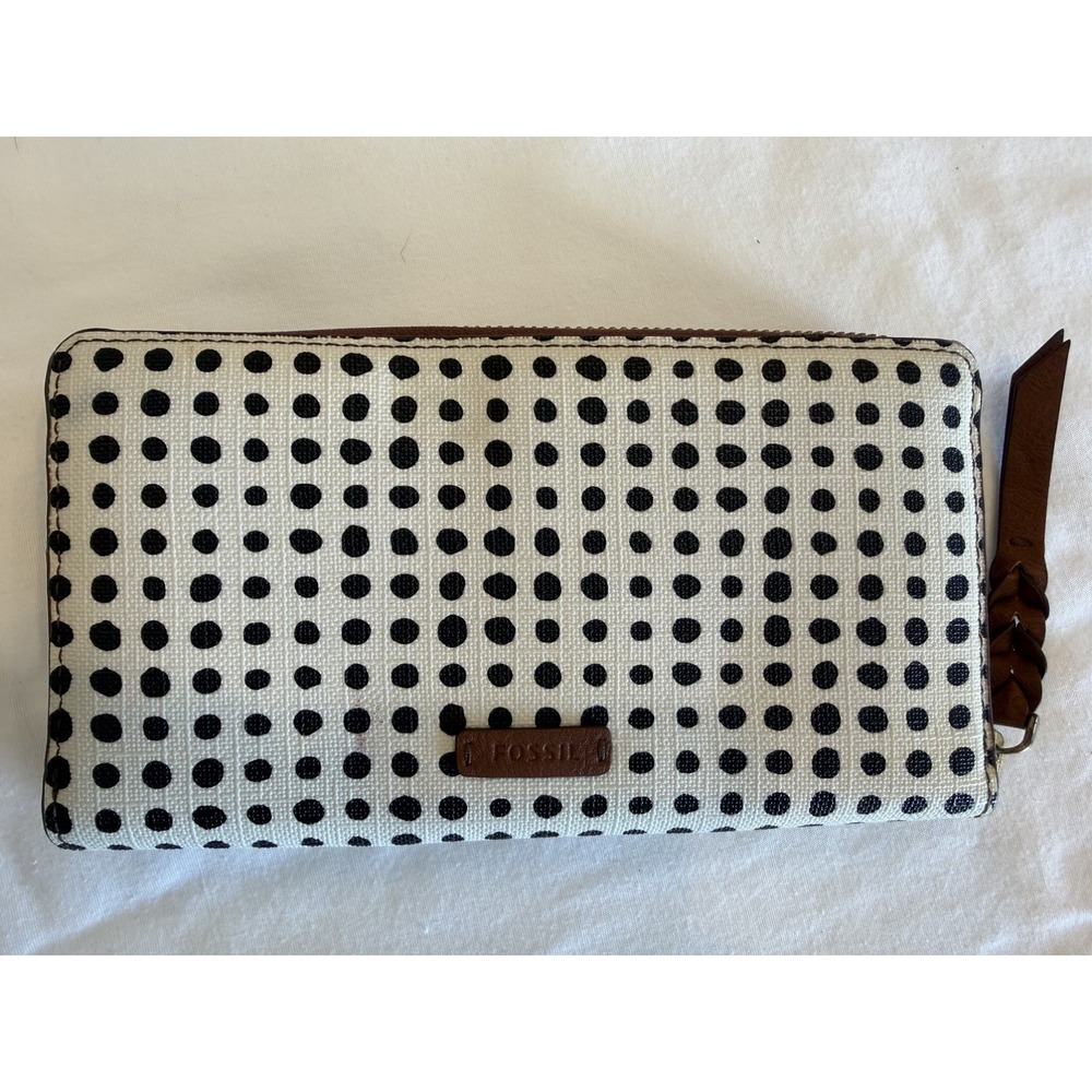 Fossil Wallet Caroline Polka Dot Zip-Around Coated Canvas Women's Blk/Wht RFID